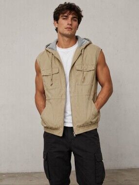 OFFLINE by Aerie Khaki Hooded Utility Vest Sleeveless Zip Cargo Jacket Sz Sm